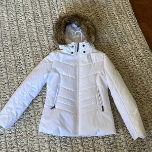 White winter coat with faux fur hood